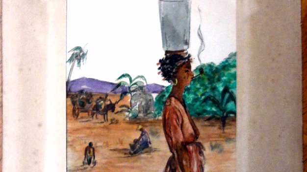 Agua Colored on paper painting with a typical rural scene in Santo Domingo city. Paper size is 5 by 6 inches. Signed and...